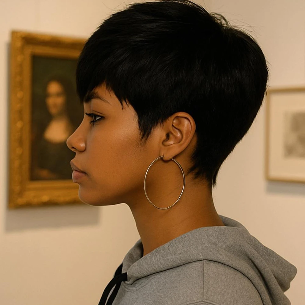 Black 5 Inch Textured Short Layered Pixie Wigs Human Hair 100% Natural Realistic Tangle Free Full Machine Made For Women