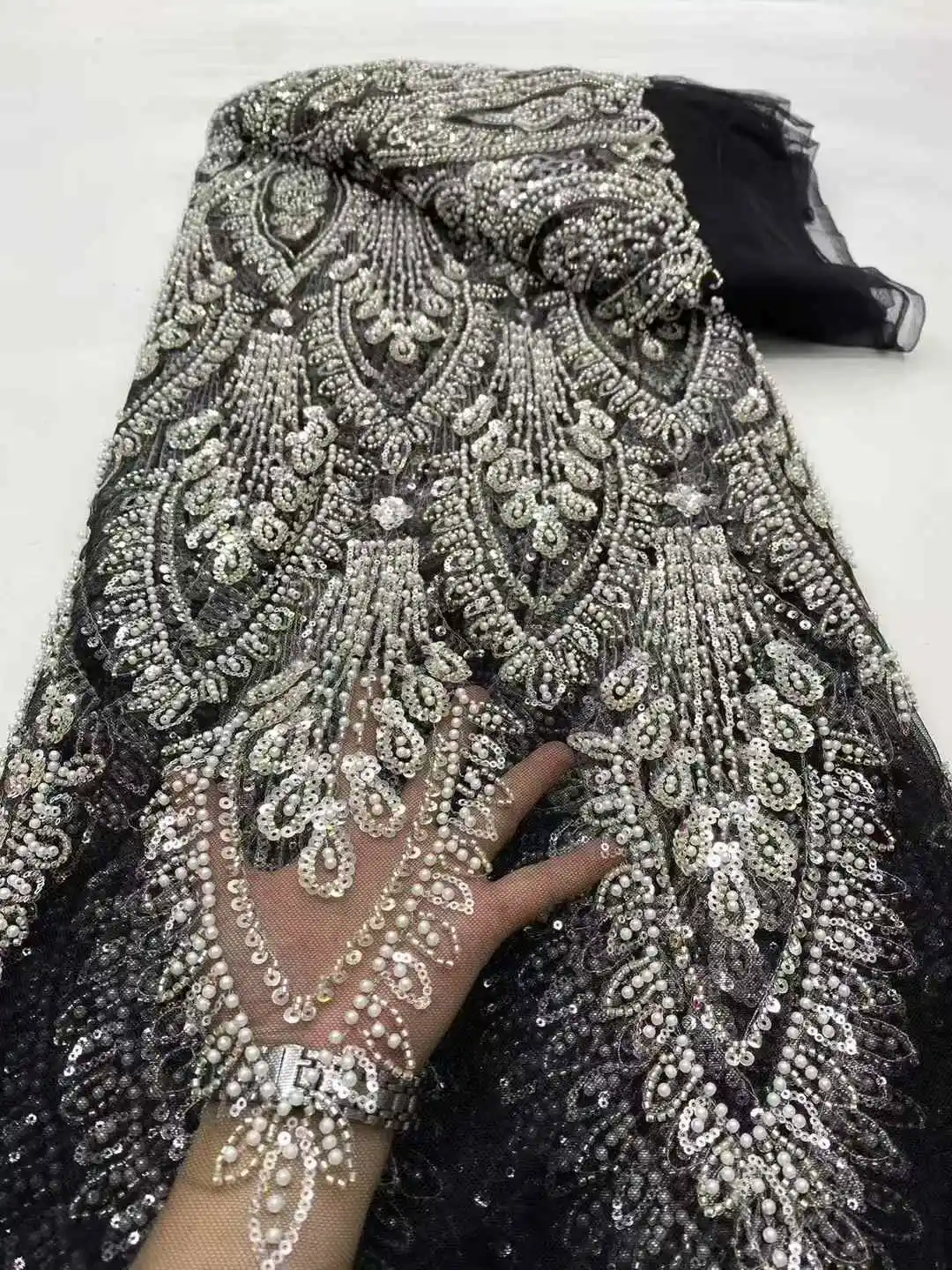

5 Yards Luxury African Sequins Pearl Groom Lace Fabric 2025 High Quality French Nigerian Beaded Lace Fabric For Wedding Dress