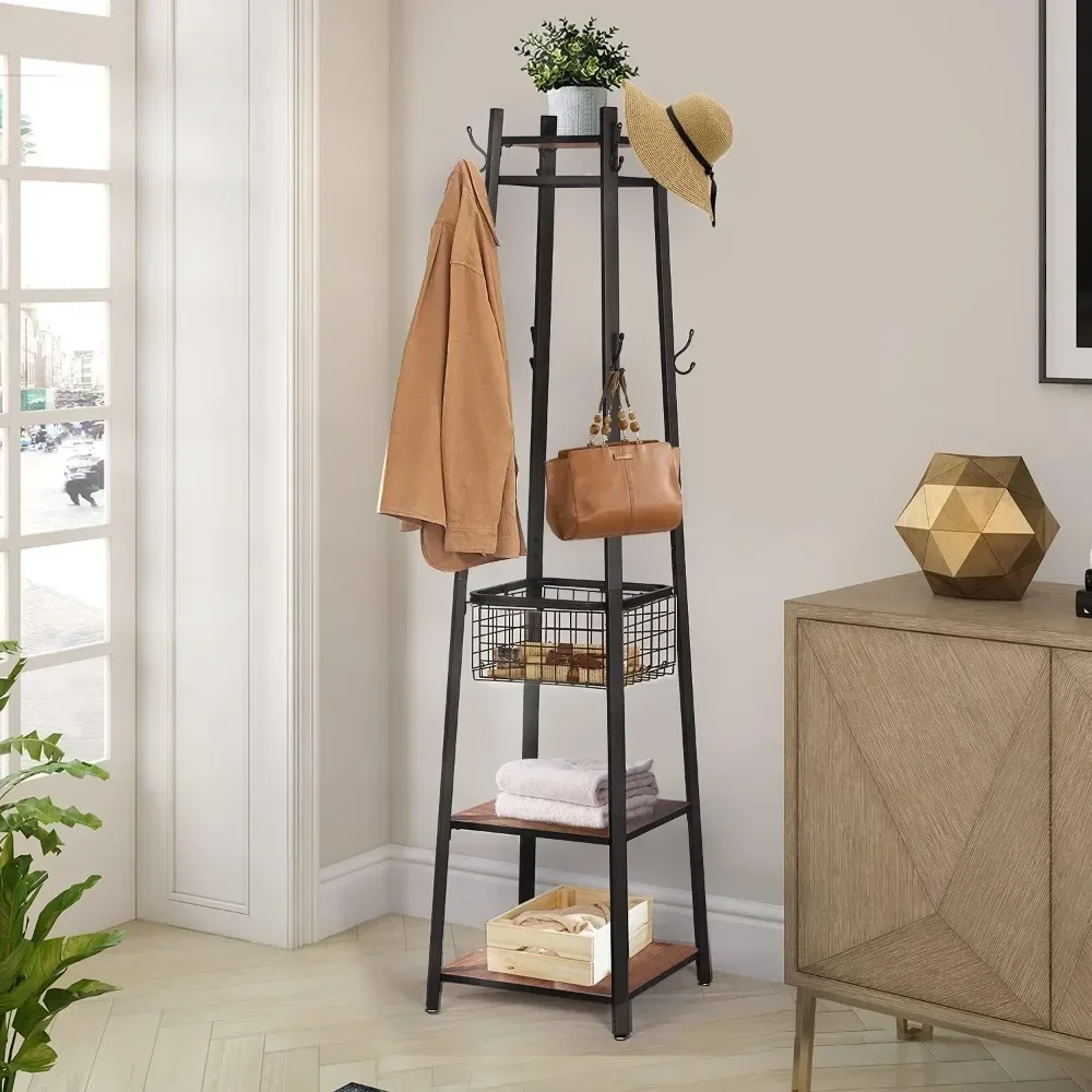 

Coat rack freestanding, hall with metal basket and storage rack for hanging coats/hats/bags, coat rack 8 hooks