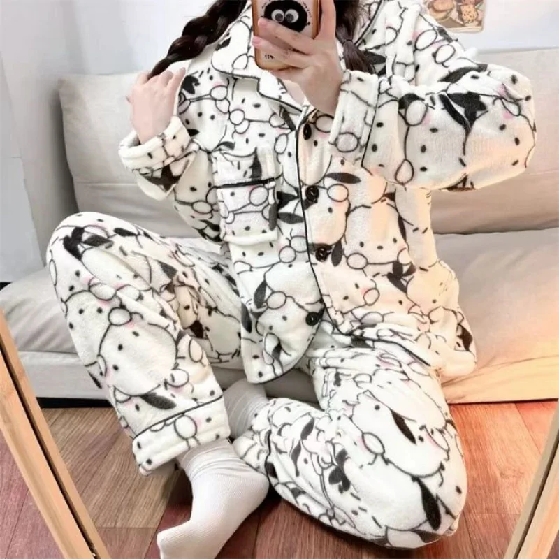 Winter Women's Hello Kitty Pajama Set Cartoon Flannel Pajamas Thickened Fluffy Plush Warm Comfortable Loose High Quality