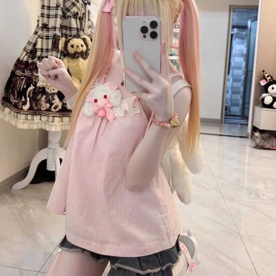 

Japanese Sweet Girl Cute Pink Strap Grid Tank Top Summer Spicy Girl Lace Lace Short Women's Top