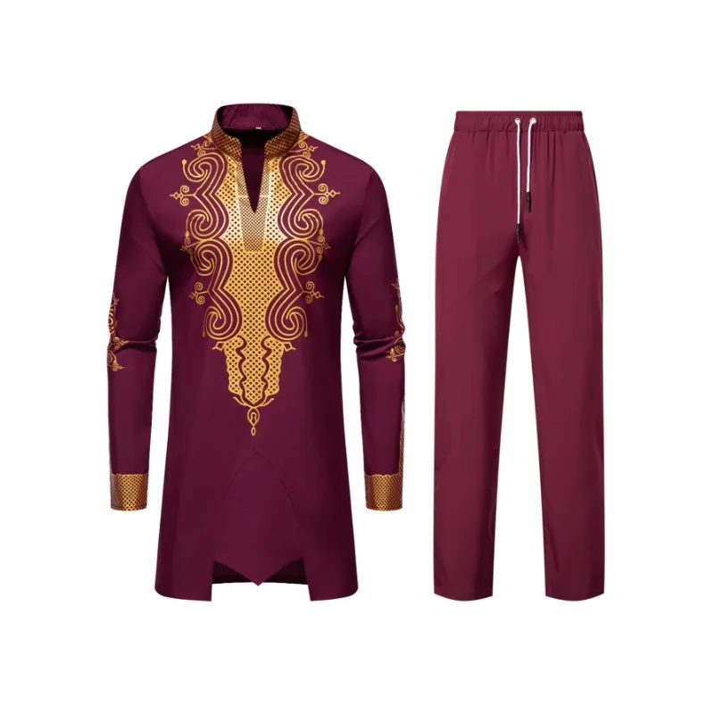 4 Colors New Men's Fashion Casual Printed Sets Long Sleeve Totem Round High Neck Long Comfortable Loose Pants Suit