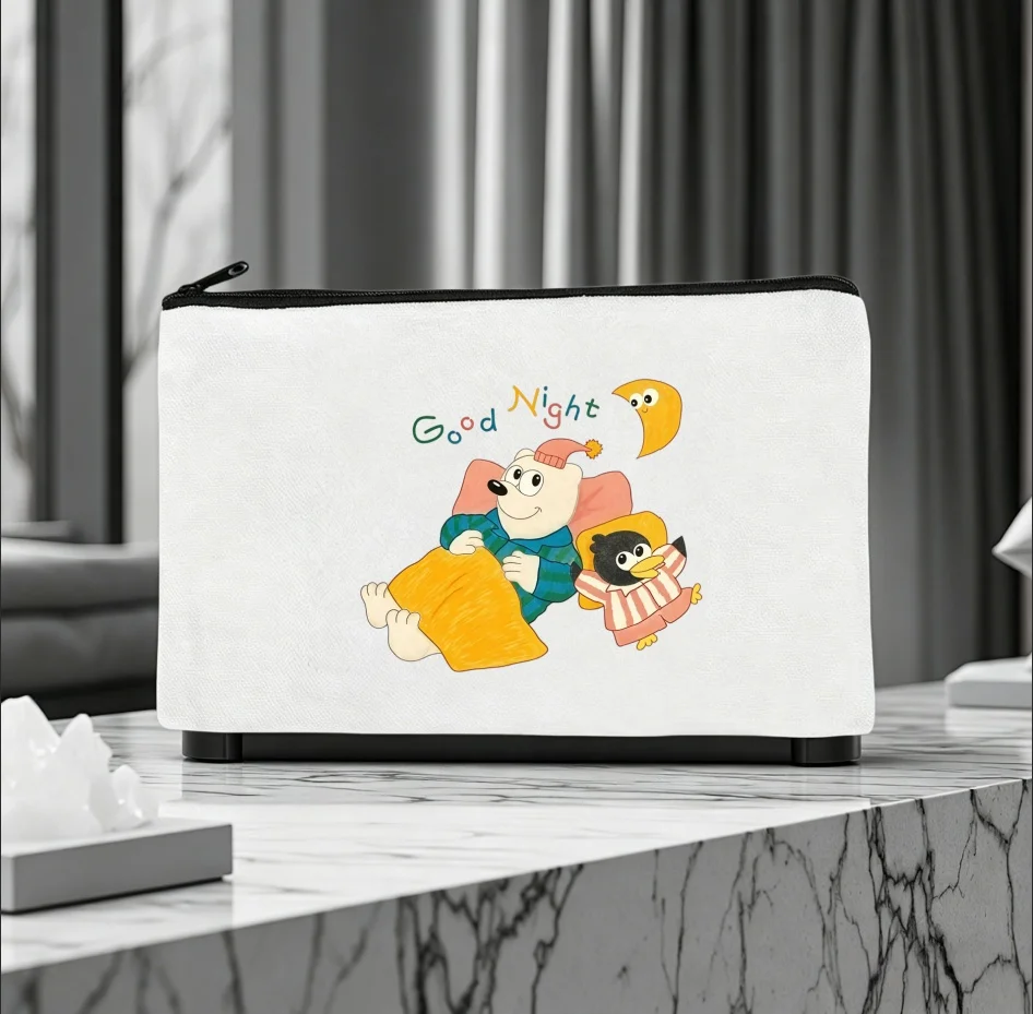 1PC Double-sided Canvas Pouch Cute Night Bear Penguin Zipper Cosmetic Storage Bag
