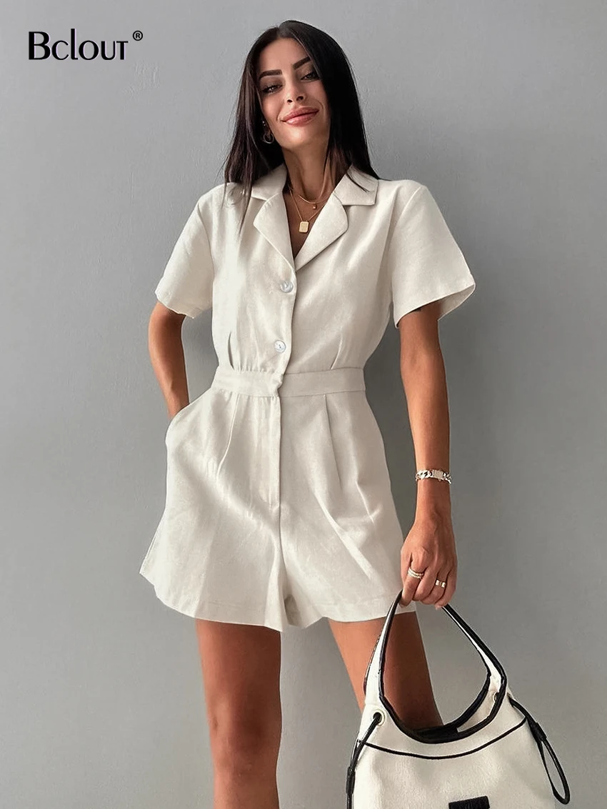 Bclout Summer Linen Khaki Jumpsuits Women 2024 Fashion Office Lady Solid Shorts Overalls Casual Notch Collar Pockets One Pieces