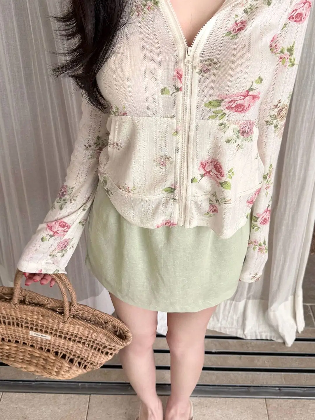 Summer Thin Floral Zipper Jacket Women's Long Sleeve Hooded Top Slimming Loose See-through Air Conditioning Small Shirt