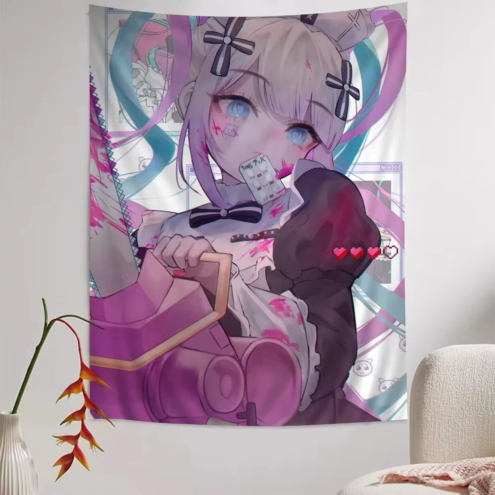 

MINISO anime game room tapestry retro gradient mural cute double ponytail girl bedroom living room ins style hippie bohemian sty