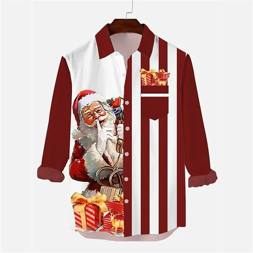 Hawaiian Christmas Themed Santa Tree Shirt Men\'s Casual Retro Tops 3d Printed Flower Long Sleeve Clothing Holidays