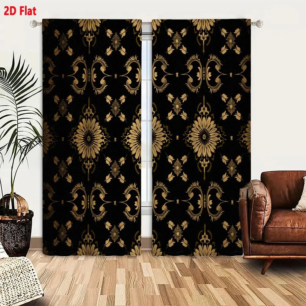 2Pcs Curtains Add 2D Flat Gold And Black Baroque Floral Pattern With Ornate Scrollwork And Geometric Accents For Luxury Wallpape