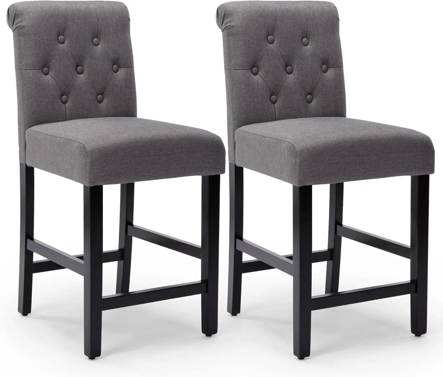 

Bar Stools Set of 2, 24 Inch Counter Height Chairs, Upholstered Fabric Padded Kitchen Island Wood Bar Chairs Barstools Grey