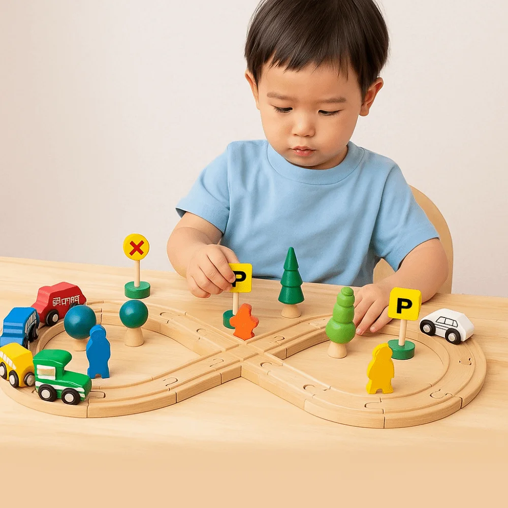 Treno in legno per bambini a forma di 8 Assemblaggio fai-da-te Educazione precoce Formazione del pensiero Pista del treno Giocattolo Puzzle Luce di segnalazione