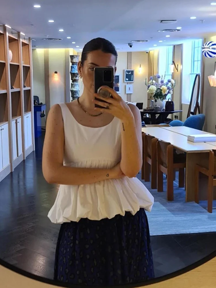 Women U Neck Peplum Tank Top Solid Puffy Ruffle Hem Sleeveless Crop Blouse Elegant Ruched Waist Camisole