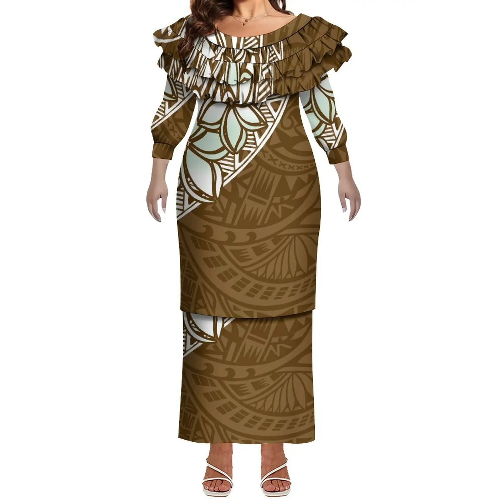 Novo vestido de design da ilha do pacífico polinésia puletasi vestido senhora dupla camada plissado tripulação pescoço vestido ilha de páscoa roupas 2 peças