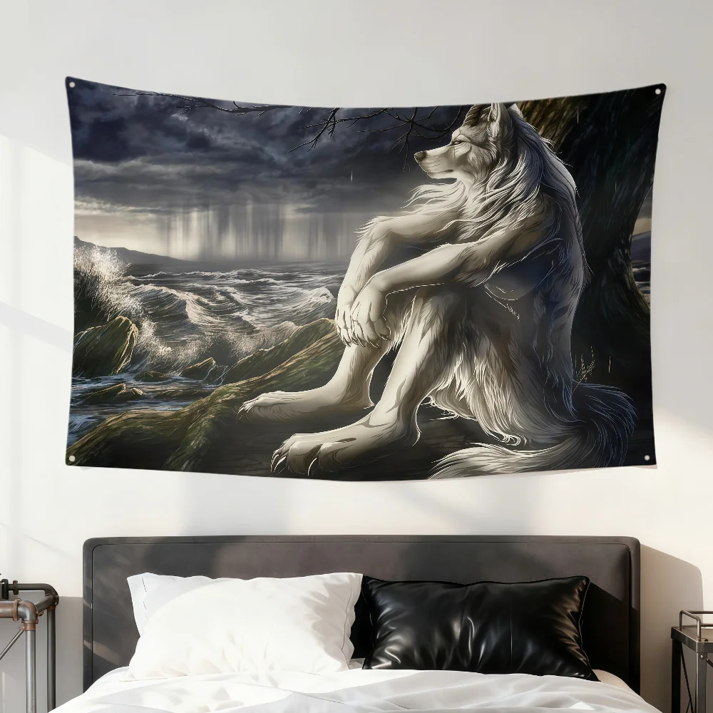 Emo Meme Gothic Werewolf White Wolf Sitting flag Room Dorm Camping Party hogar Garage Living room bedside wall Decor Banner gift