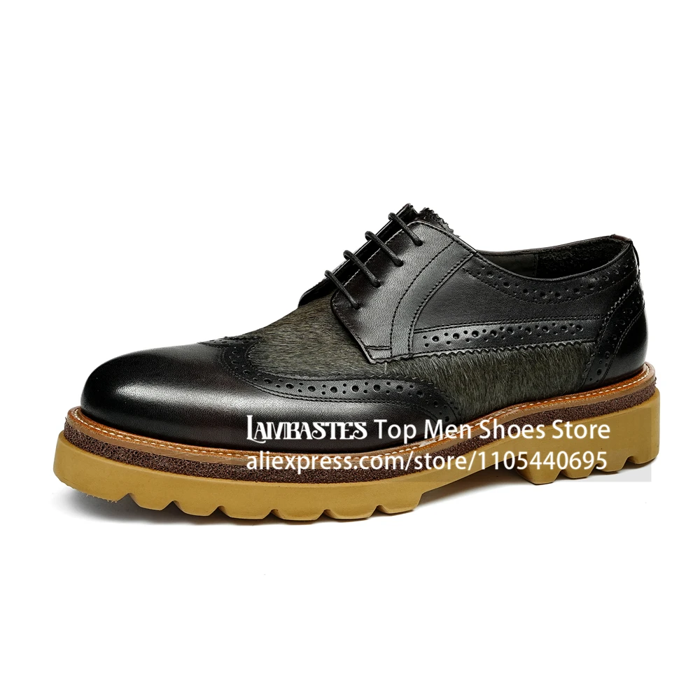 Genuine Leather Horsehair Oxfords Vintage Mixed Material Full Brogue Lace Up Leather Shoes Two Tone Leather Fur Panel Men Shoes
