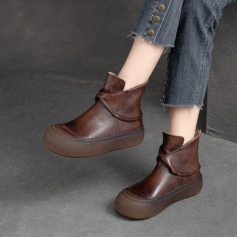 GKTINOO Genuine Leather Flat Platform Shoes 2024 Autumn Winter New Retro Solid Color Round Toe Thick Soled Short Boots