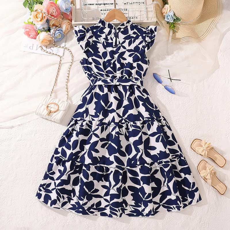 Royal Blue Leaves Printed Wing-Sleeve Belted Maxi Dress Preteen Girls Dress Vintage Modest Elegant Style Dress