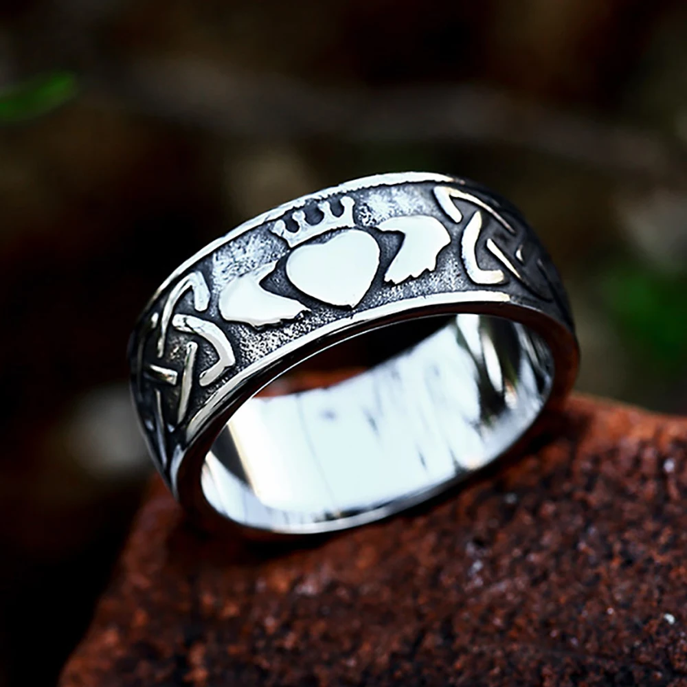 الفايكنج الفولاذ المقاوم للصدأ اليد الحب القلب تاج خواتم للرجال النساء الشمال سلتيك عقدة حلقة فاسق موضة زوجين المجوهرات بالجملة