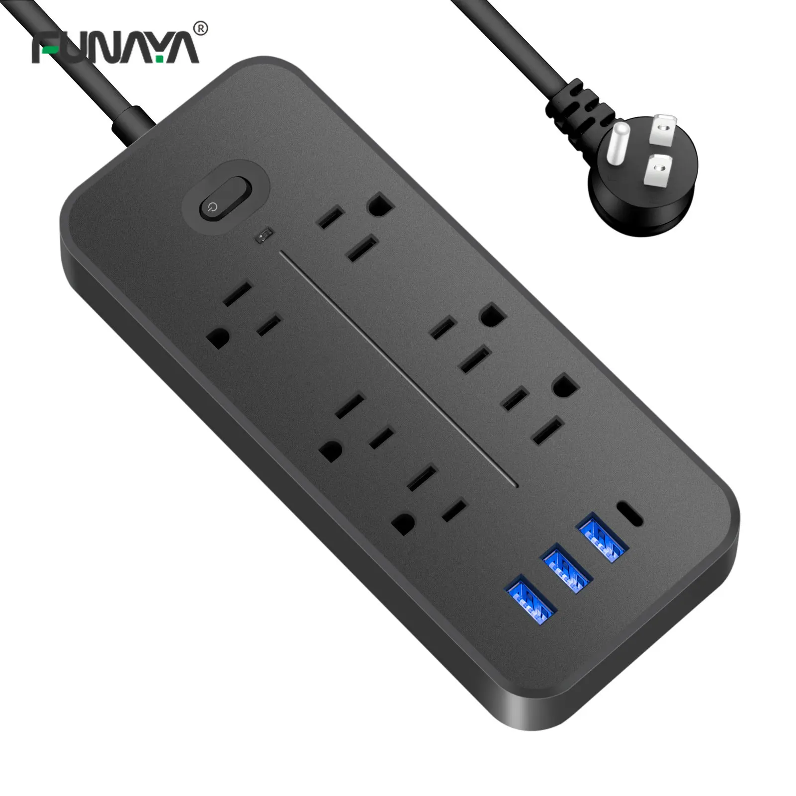 US Power Strip 6 AC Outlets 10A 110v 220v 3 USB Ports Sockets 1 TYPE-C Smart Patch Panel 2000w Black Power Surge Protection Plug