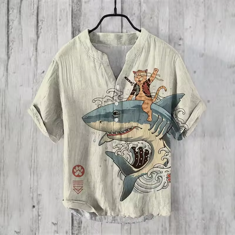 Henry, moda informal para hombre, tops para la playa al aire libre, camisa de lino con cuello en V, novedad de 2024, talla grande