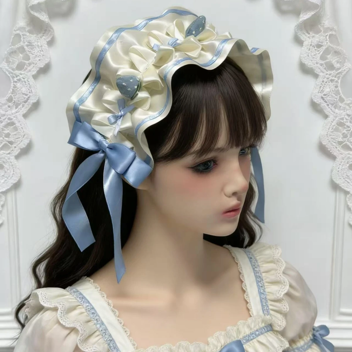 Kawaii süßes japanisches Subkultur-Lolita-Haarband, weinroter Erdbeer-Kuchen-Schleifen-Haarreif, handgefertigtes Haarband-Accessoire für Damen und Mädchen – Detail 5