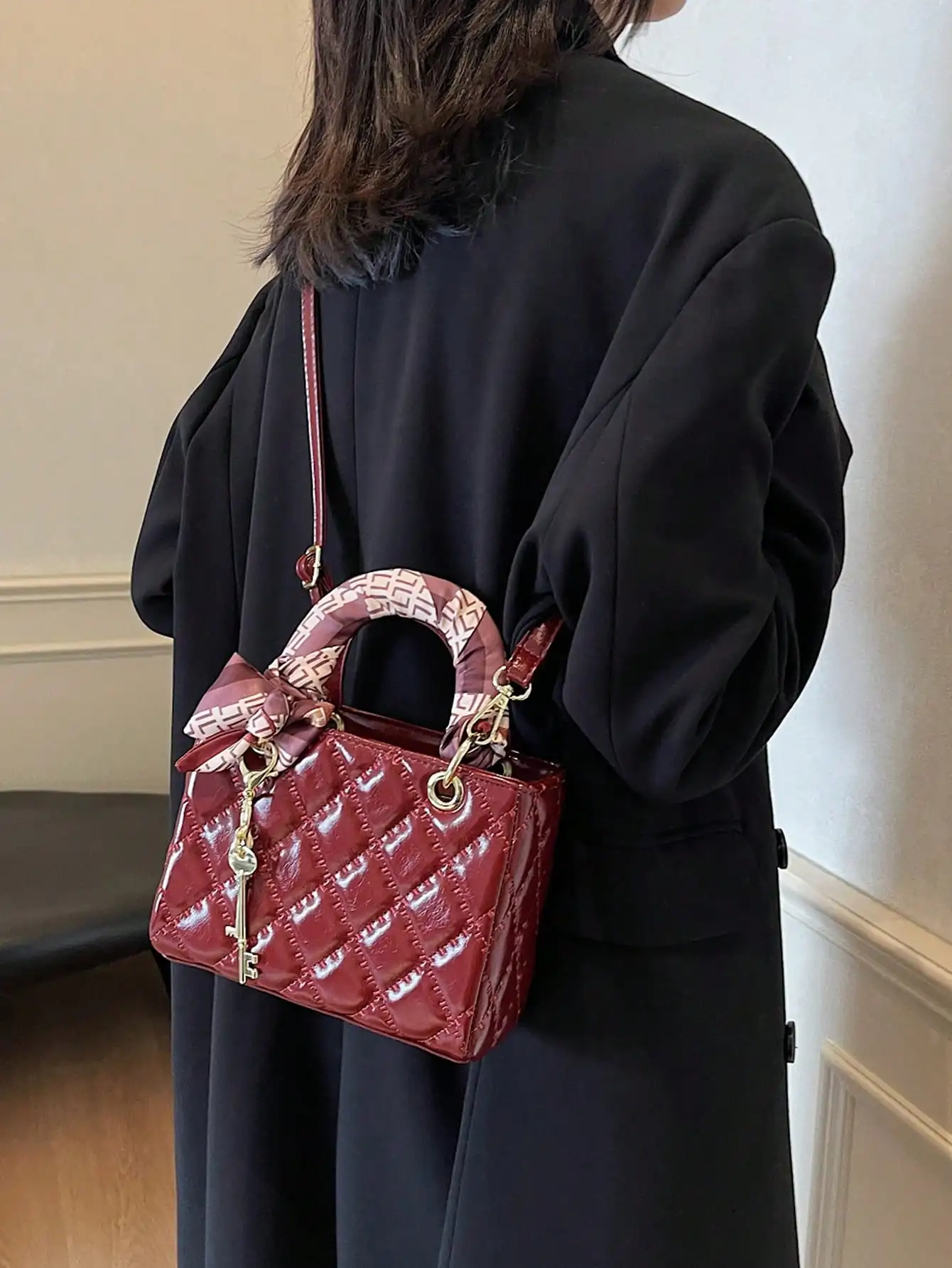 Quilted Small Square Bag Silk Scarf Key Pendant Niche Elegant Crossbody for Dating Gift