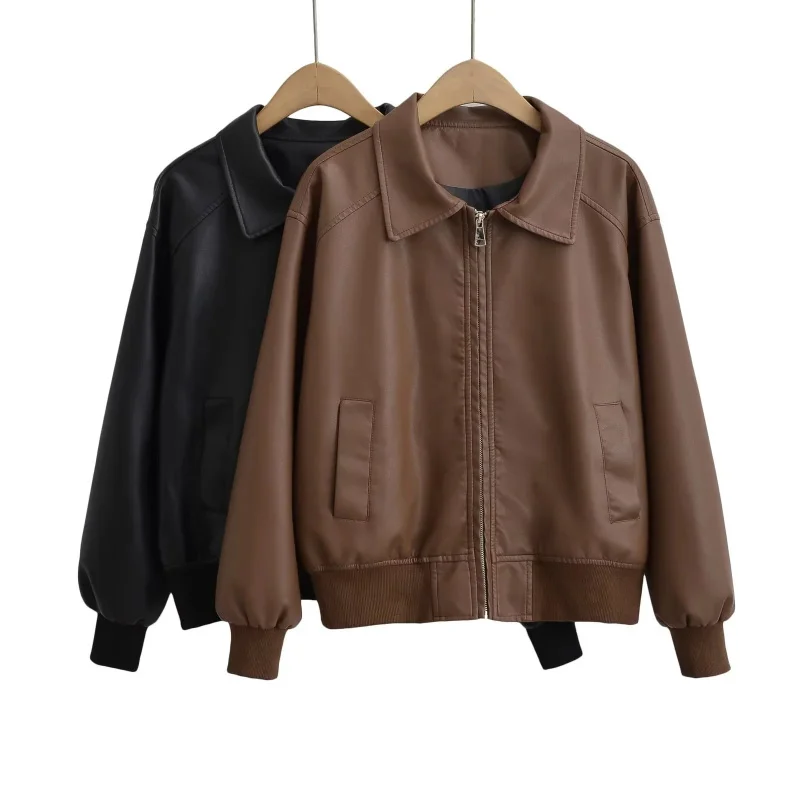 

European and American Style Turn-Down Collar Leather Jacket for Women in AutumnpuLeather Jacket Motorcycle Top Elastic HighWaist