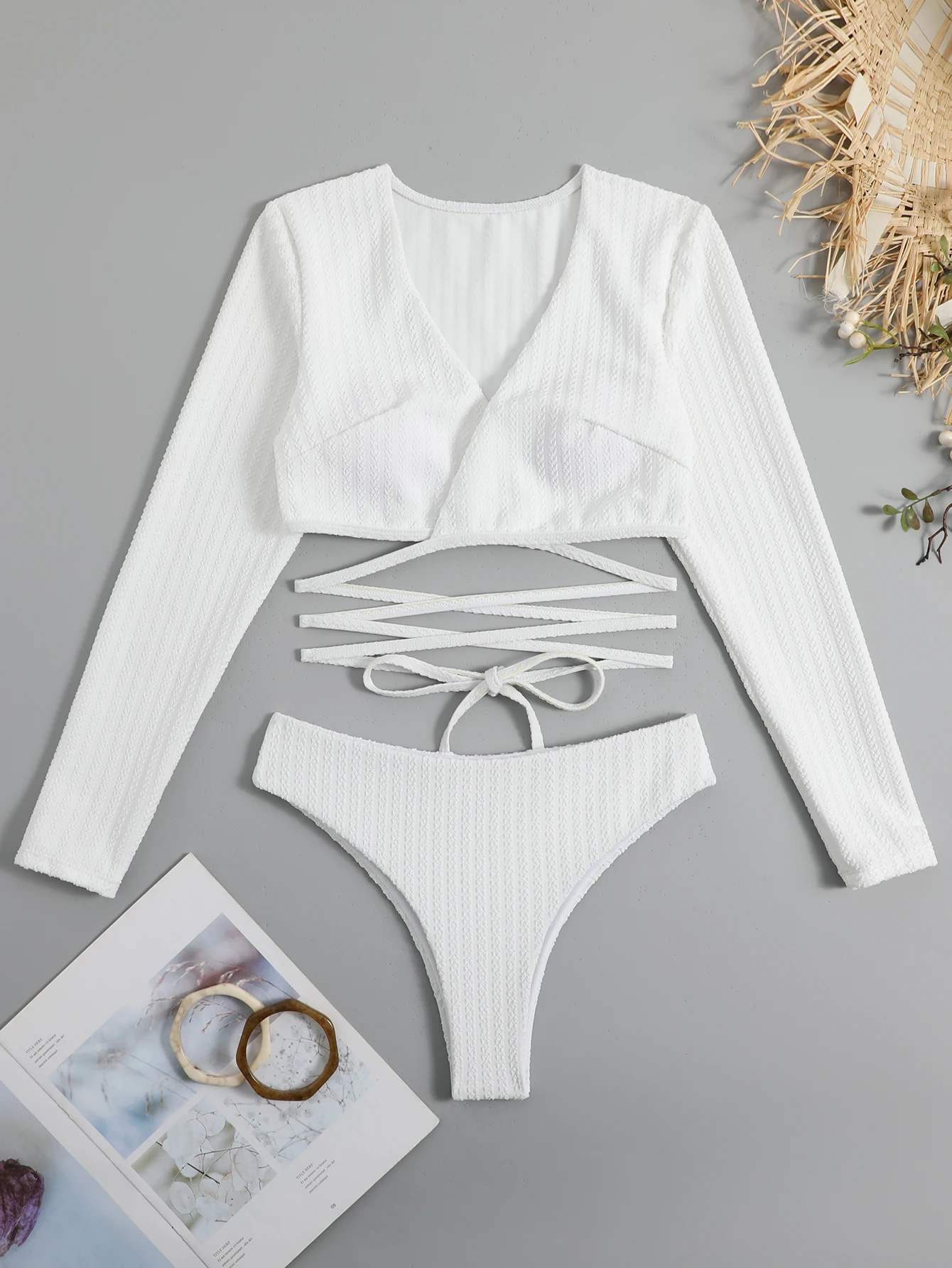 Conjunto de Bikini de cordón sólido de manga larga para mujer, traje de baño Tankini Retro de dos piezas, Bikinis de traje de baño de playa de verano