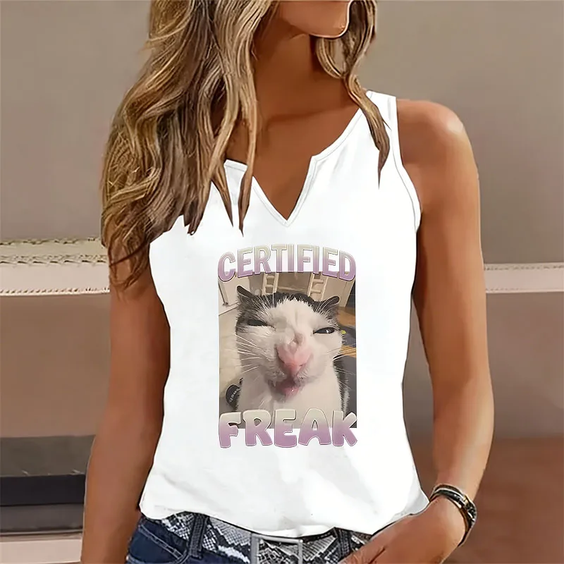 Funny Certified Freak Cat Meme Sleeveless Vest T-shirt V Neck Casual Fashion Tank Top T Shirts Women Tee Shirt V-Neck