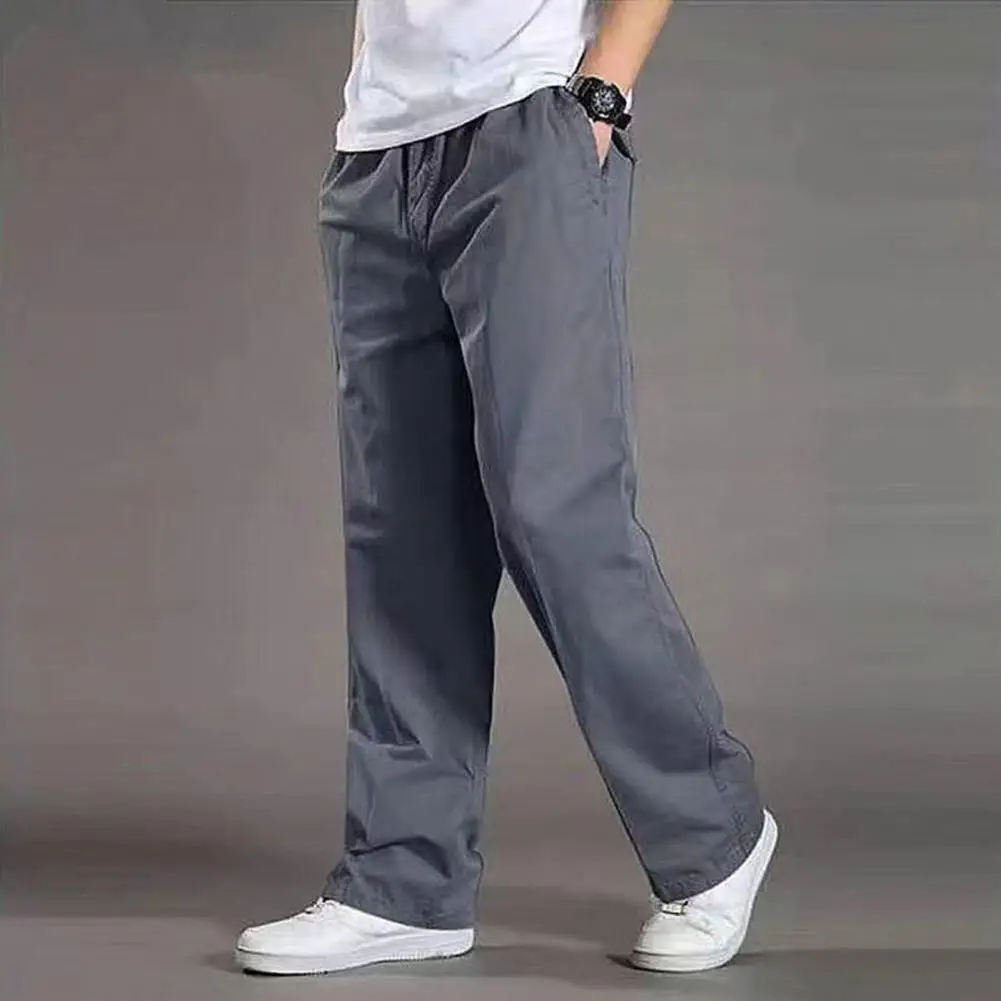Cotton Trousers Durable Men's Cargo Pants for Outdoor Activities Wide Leg Work Trousers with Pockets Solid Color for Hiking