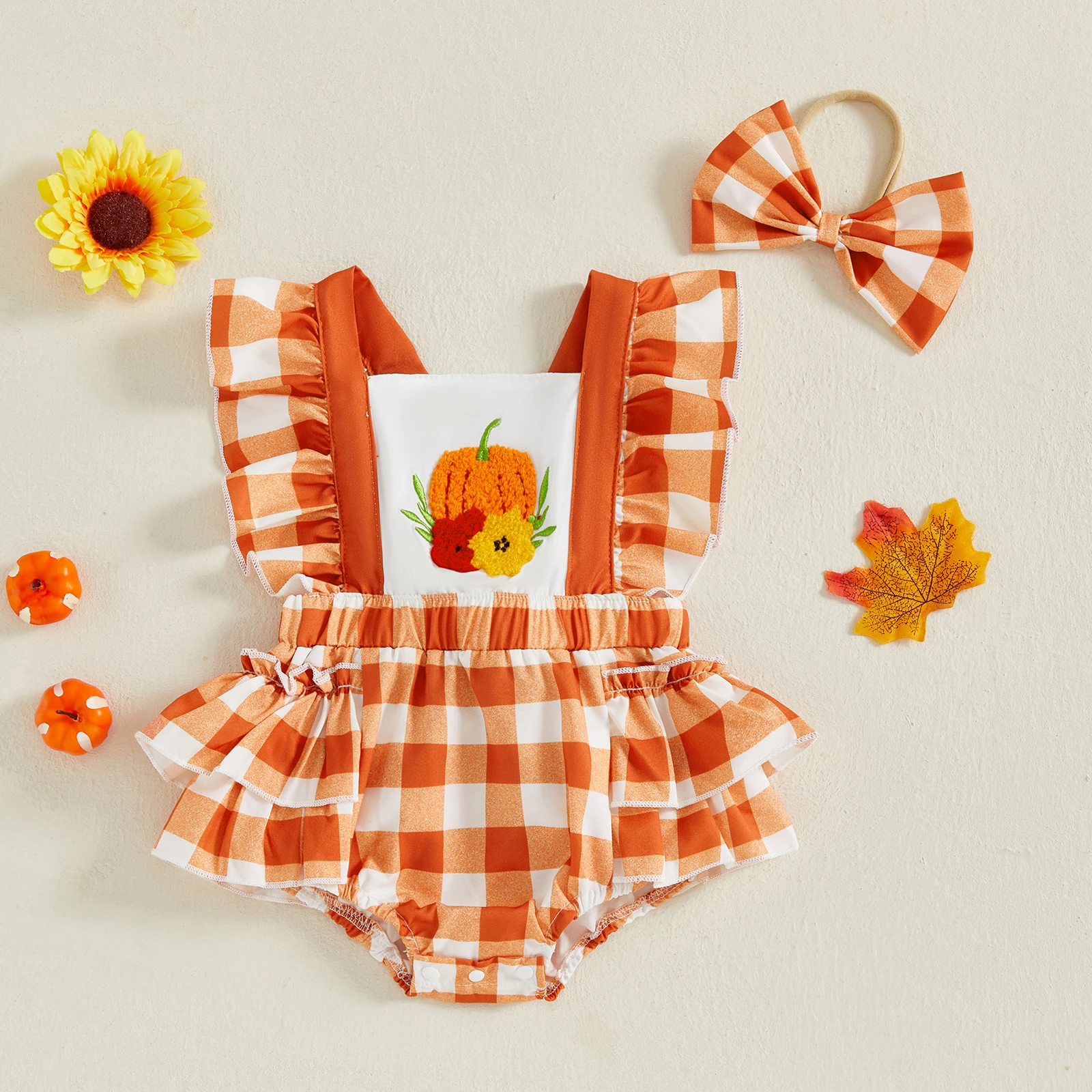 

0-18 Months Baby Girl Halloween Outfits Ruffle Sleeveless Pumpkin Embroidery Romper with Headband Set Newborn Clothes