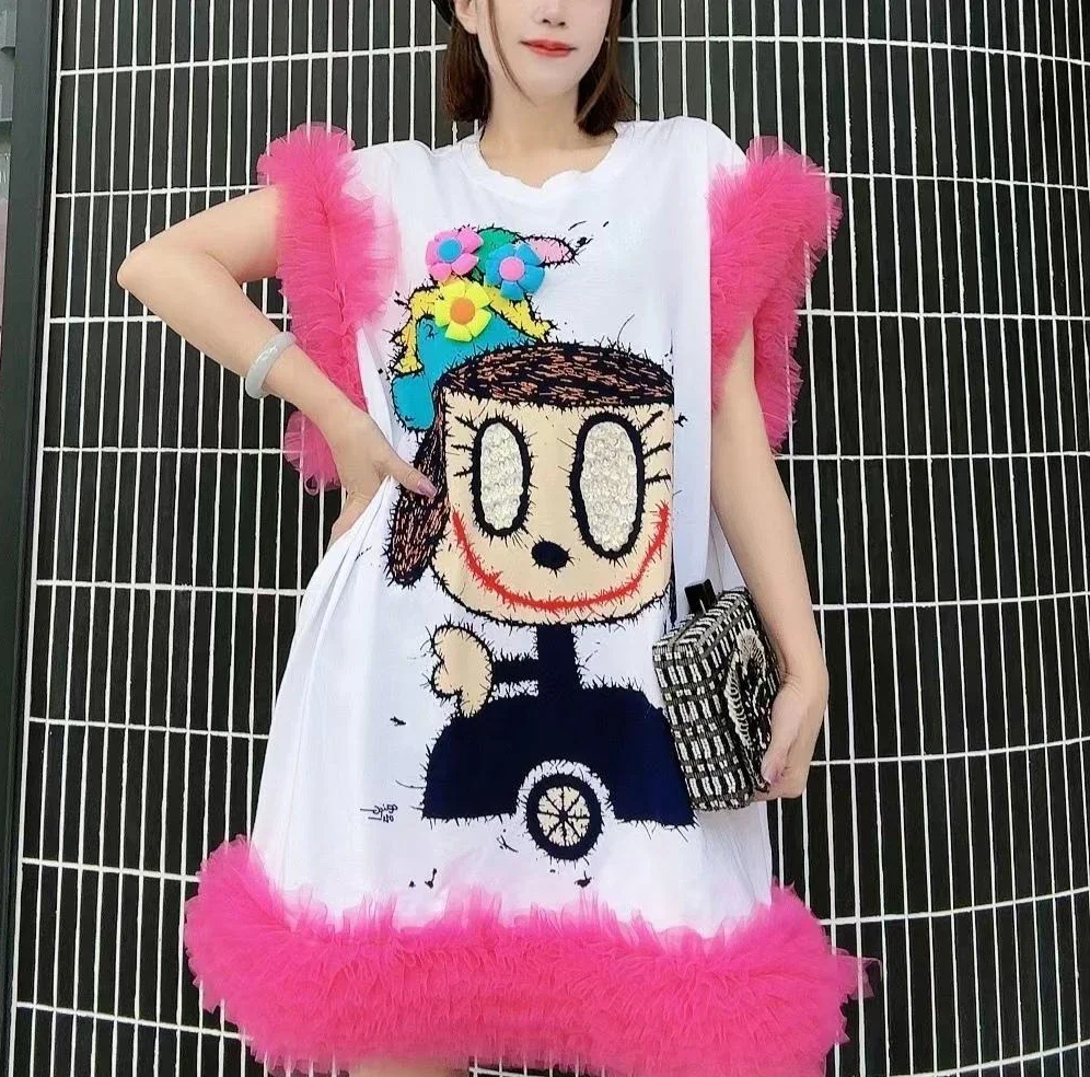 Women Summer Graffiti Cartoon Printed Diamonds Beaded T-shirts Loose Medium Length Mesh Spliced Ruffles 3D Flowers Tees Tops