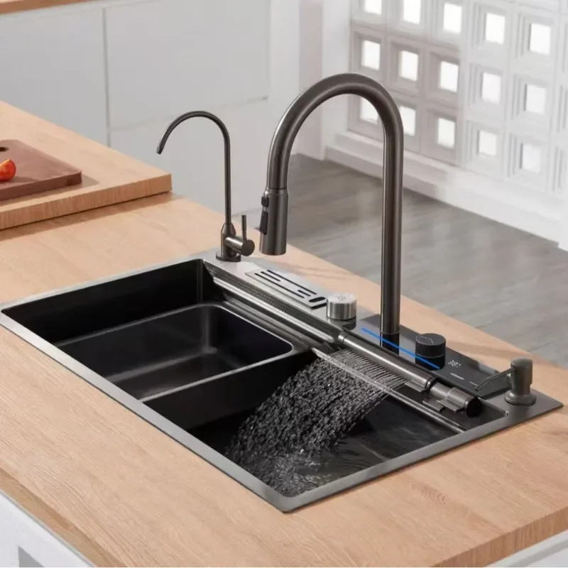 Large Stainless Steel Kitchen Sink with Digital Display Piano Key Control Nano Honeycomb Surface Single Bowl Waterfall Drainage