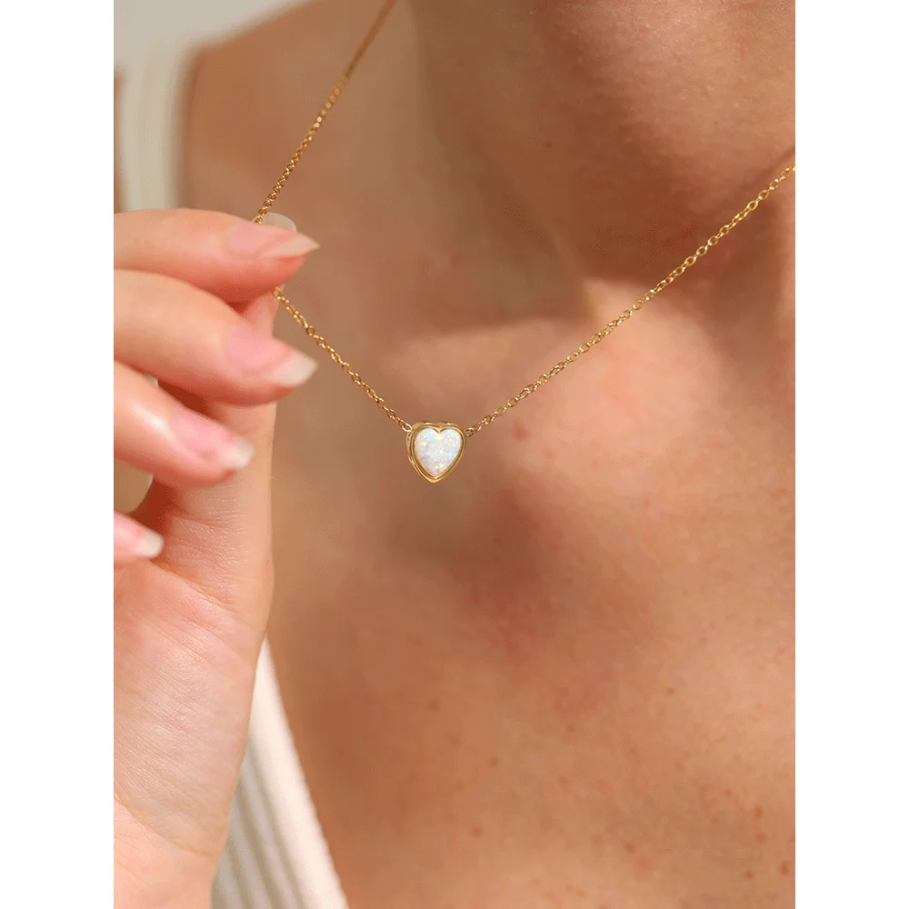 Yhpup Natural Australian Opal Stone Small Chic Heart Pendant Necklace Women Delicate Fashion Stainless Steel Jewelry Gift