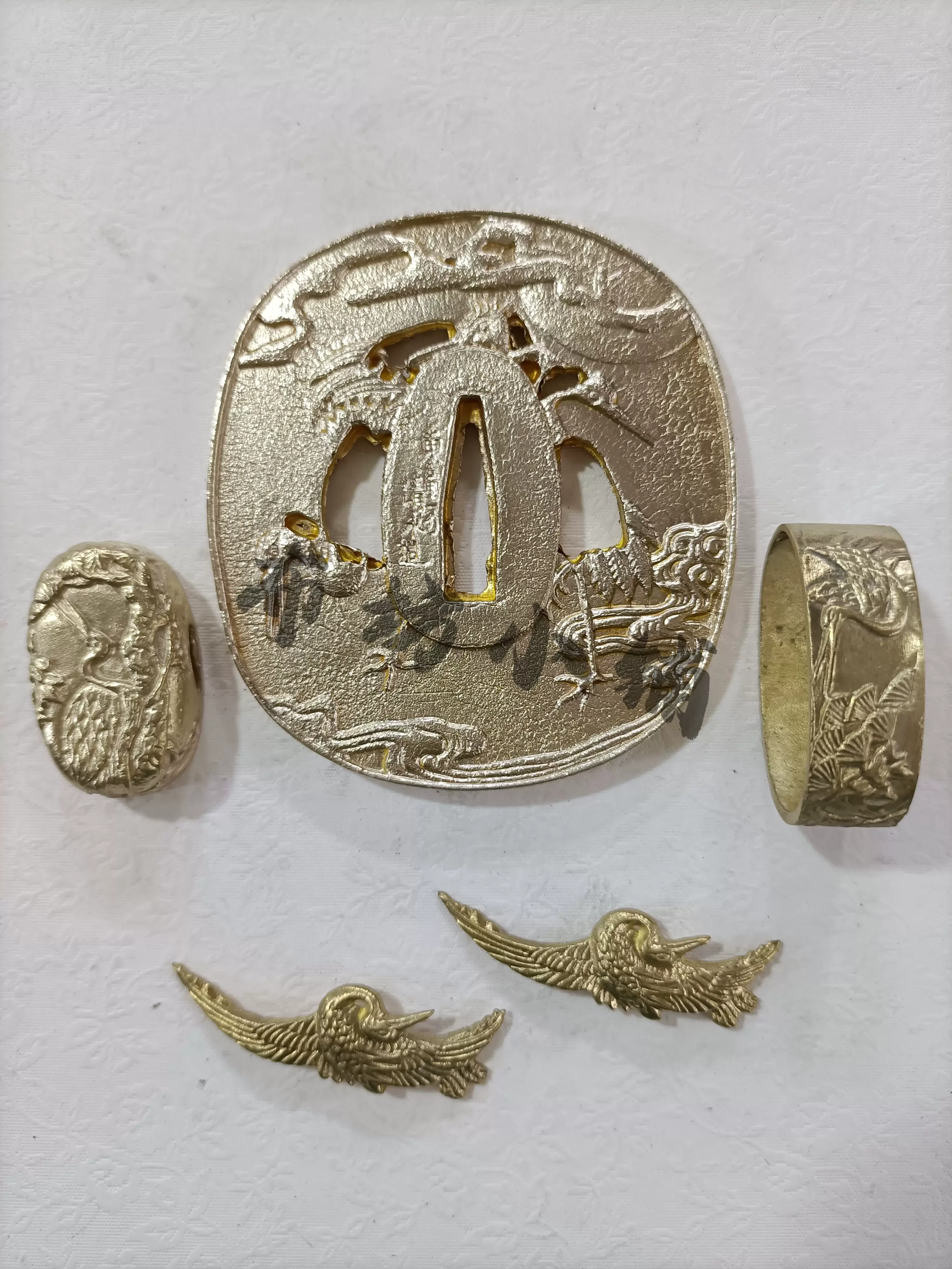 Quality Katana Sword Fittings Set of Pure Brass Copper Tsuba Kuchi Kashira & Seppa for JP Katana Tachi Wakizashi Iaido Sword