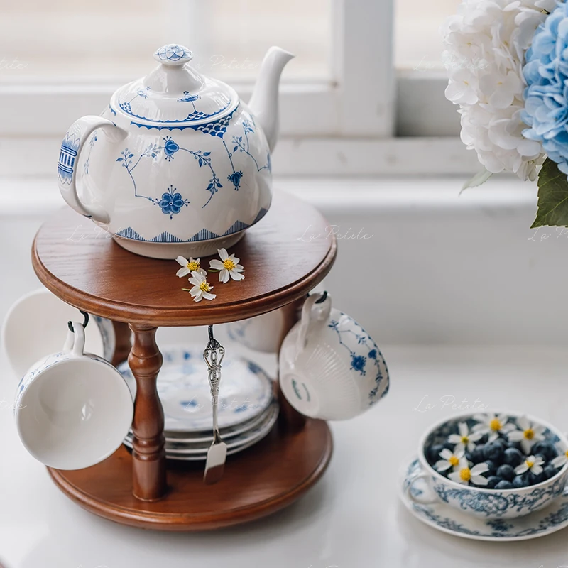 Vintage Rotating Cup Holder Mid-Century Tea Set Display Organizer Turntable Coffee Mug Rack for Kitchen Desktop Storage Shelf