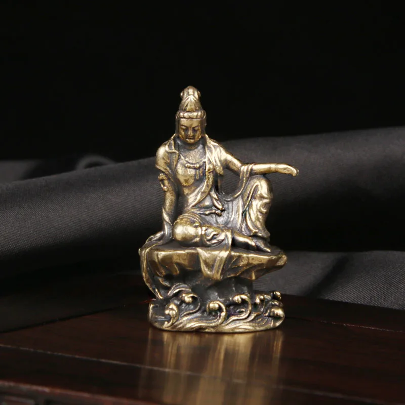 Retro Brass Water Moon Guanyin Tabletop Ornament Guanyin Bodhisattva Bronze Statue Handicraft Ornament Copperware