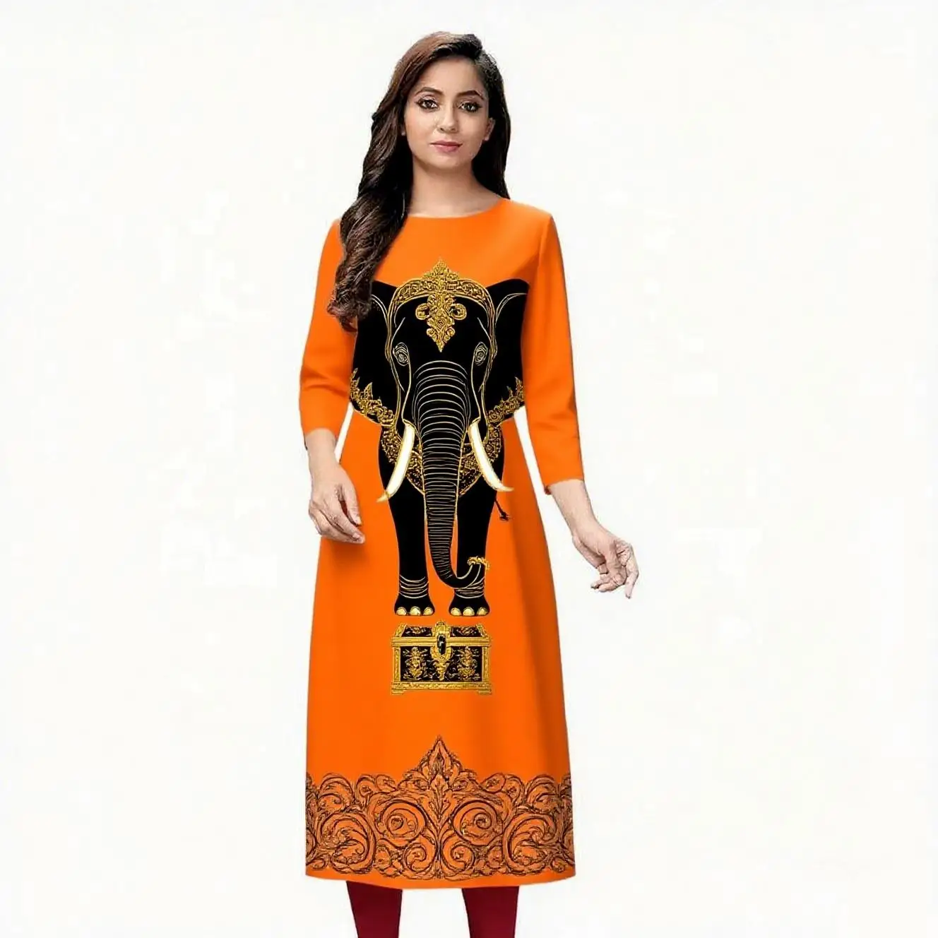 Abito da donna kurt alla moda a maniche lunghe a tubo dritto, casual, girocollo, motivo elefante.