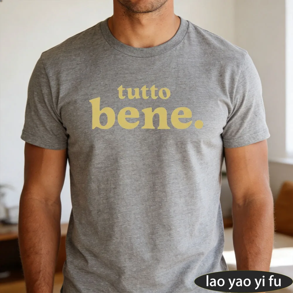 Minimal Warm Yellow Letter Print Tshirt Tutto Bene Chill Life Quote Men Cotton Crew Neck Summer Short Sleeve Daily Essential Top