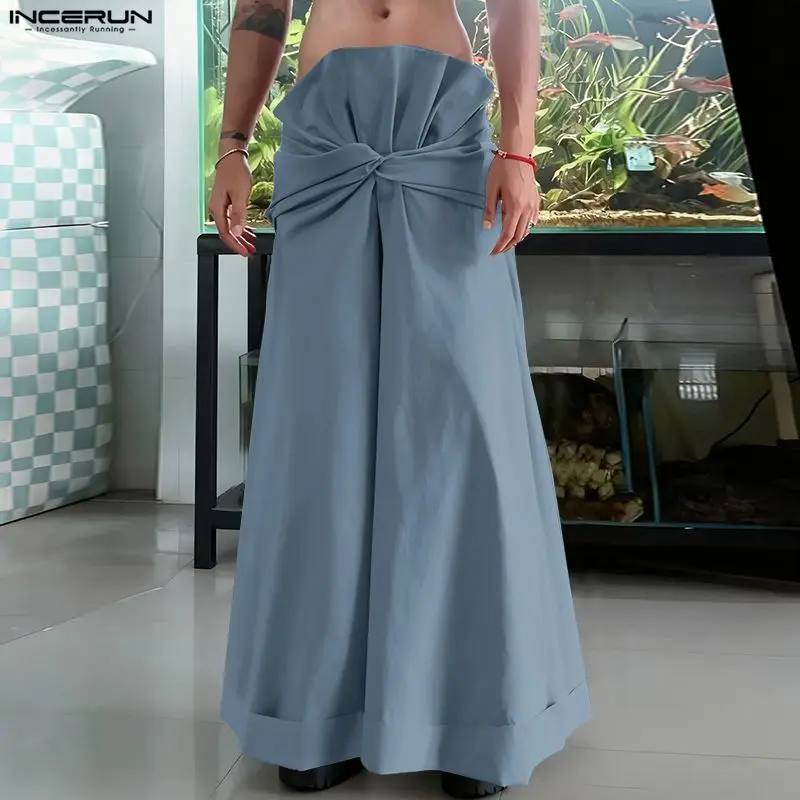 

INCERUN Men Wide Leg Pants Solid Color High Waist Joggers Trousers Men Streetwear Loose Pleated Fashion Casual Male Long Pants