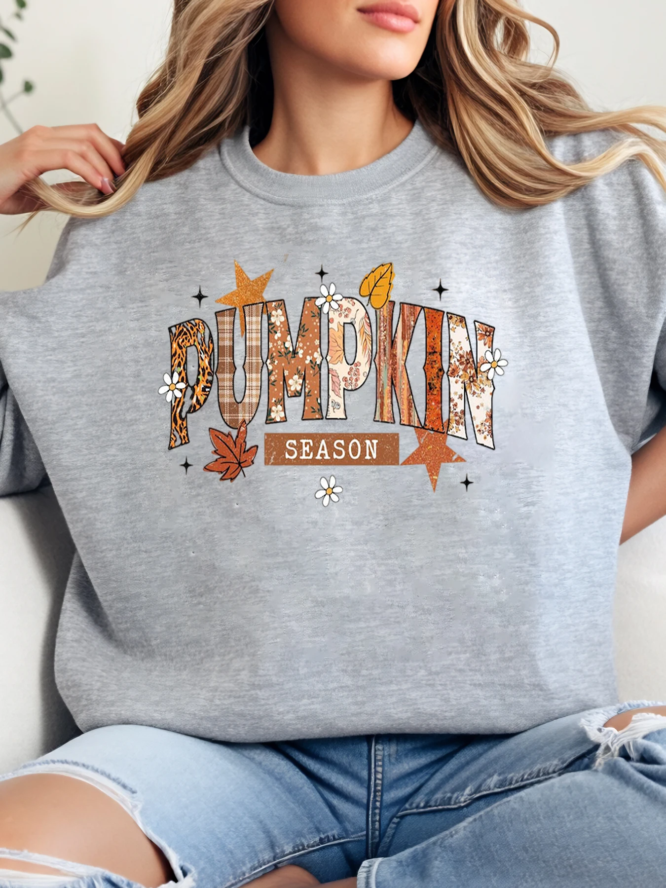 

Толстовка с круглым вырезом и принтом тыквы, осенний фестиваль, женский повседневный осенний наряд, серый, большие размеры
