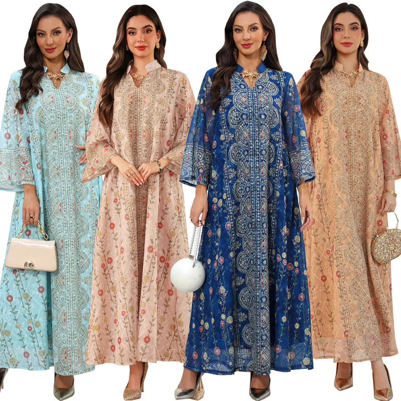 

Elegant Middle East Dubai Printed Crystal Embellished Abaya Modest Ethnic Long Sleeve Abaya Floral Placement Print Abaya Kaftan
