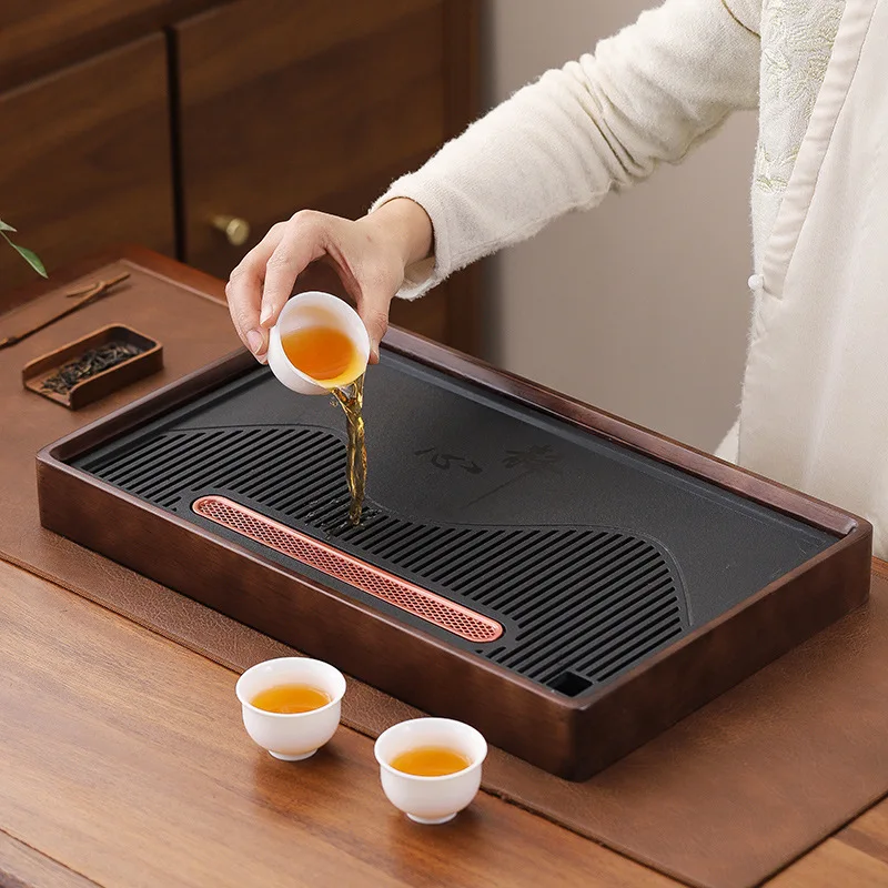 Solid Wood Small Tea Tray Water Storage Table Imitation Black Stone Saucer Home Balcony Kung Fu Set with Drainage Chapan