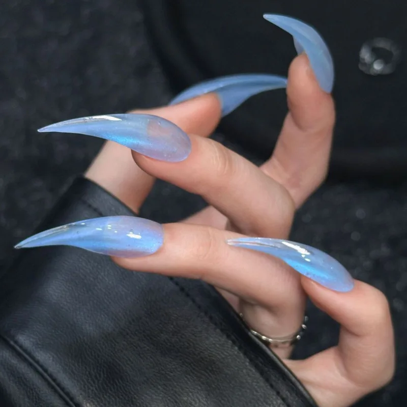 Super Long Curved Stiletto Press On Nails Blue Aurora Cat Eye Fake Nails Extra Sharp Pointed Glossy Handmade Reusable False Nail
