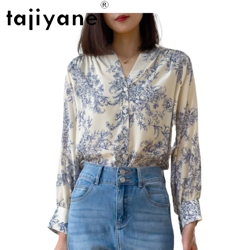 

TAJIYANE 100% Natural Mulberry Silk Blouse Elegant V Neck Shirt Woman Long Sleeve Summer Tops 2025 Fashion Ladies Clothes Блузка
