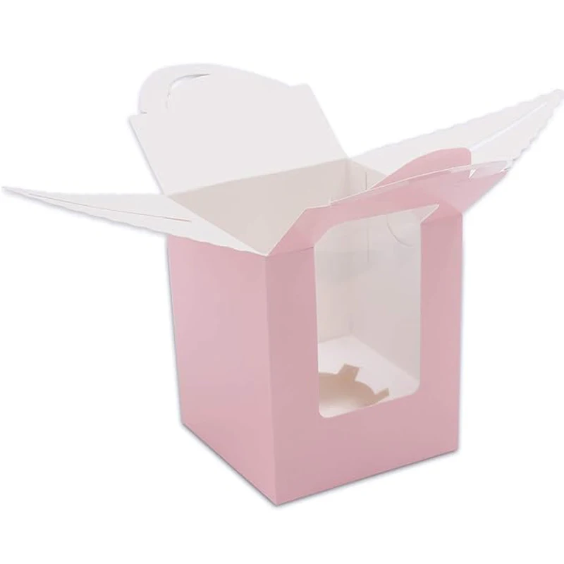 10個のシングルホワイトカップケーキコンテナギフトボックス、ウィンドウインサートハンドル付き、ウェディングキャンディボックス用