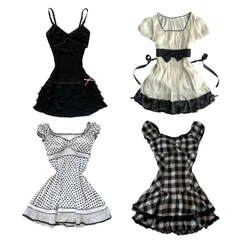 خمر جردت الدانتيل مطوي فستان بحزام المرأة Y2k فستان صيفي فساتين قصيرة موضة أنيقة قصيرة الأكمام ملابس الشارع الشهير