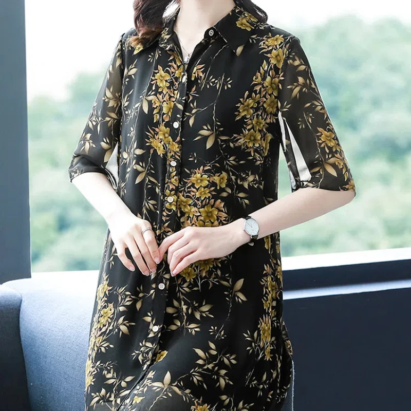 Korean Fashion Summer New Women\'s Polo-Neck Printing Single Breasted Temperament Loose Short Sleeve Mid-length Chiffon Shirt Top