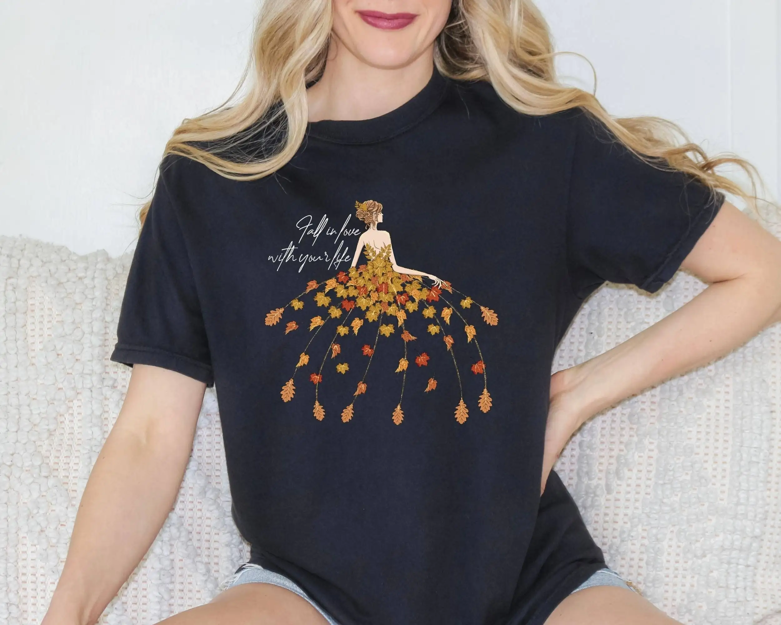 Fall In Love T shirt Comfort Colors With Your Life Floral Women Falling Leaves Autumn