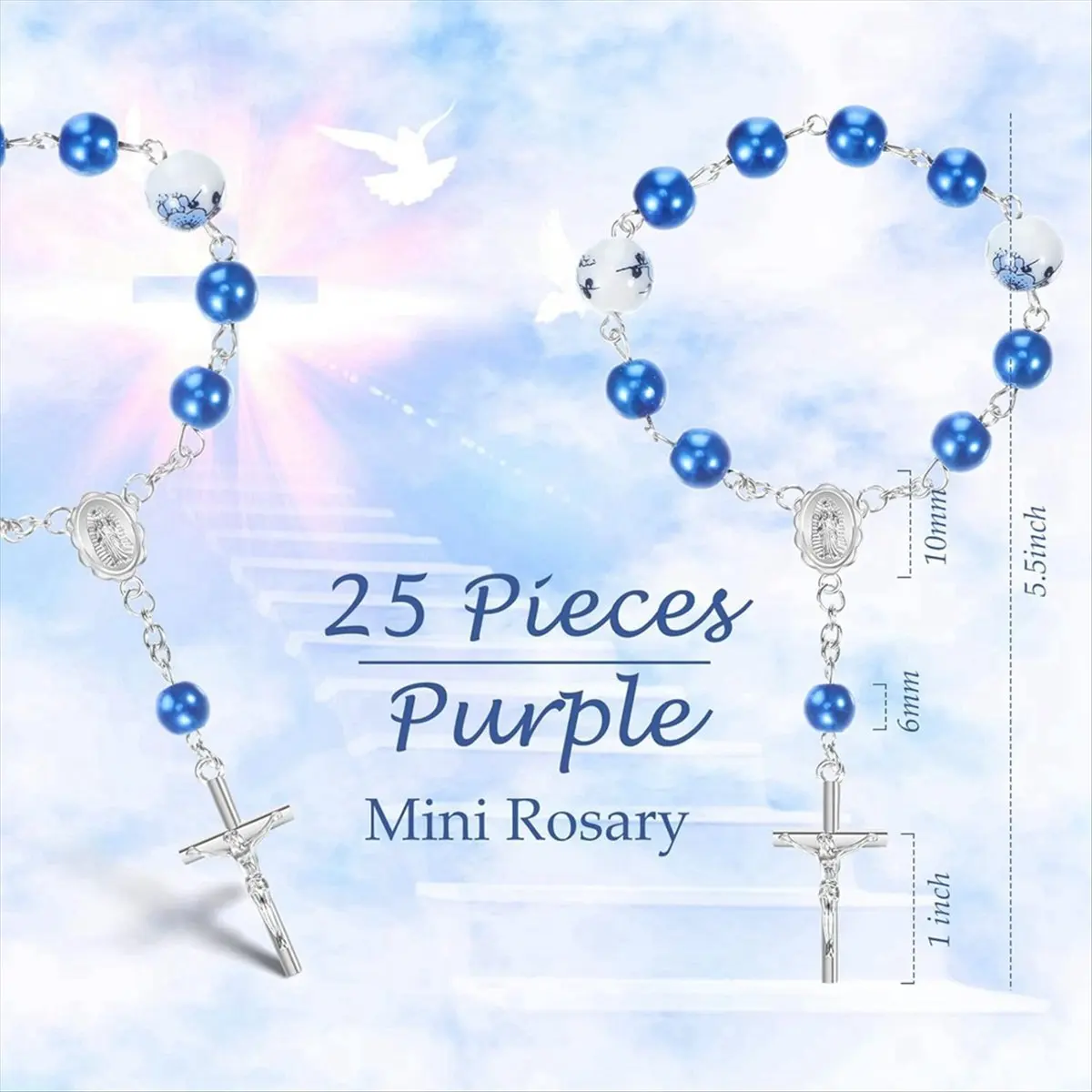 25 Pieces Blue Baptism Rosary Mini Rosaries Small Rosary Party Favors Beaded Finger Rosary with 25 Organza Bags-A14I