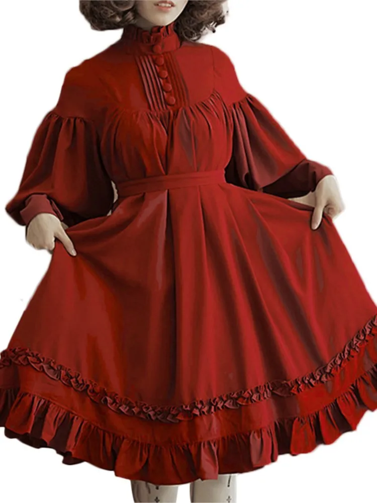 Foreign Style Woman's High Waist Dress Fashion Half-high Collar Solid Puffed Sleeves Midi Dresses Ladies Lace Splicing Vestidos